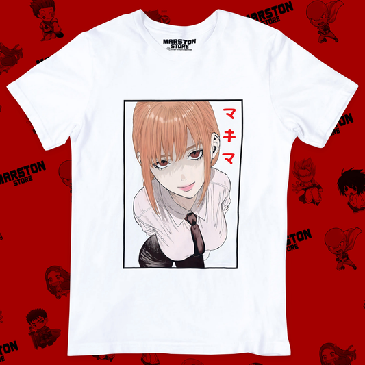 Polera blanca Chainsaw Man con diseño de Makima