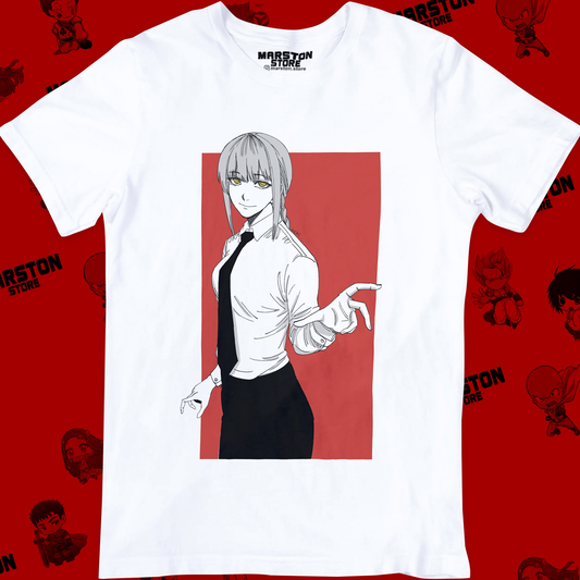 Polera blanca Chainsaw Man con diseño de Makima