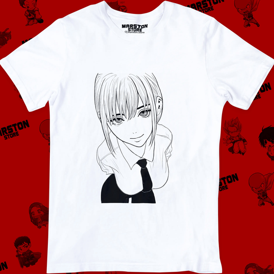 Polera blanca Chainsaw Man con diseño de Makima