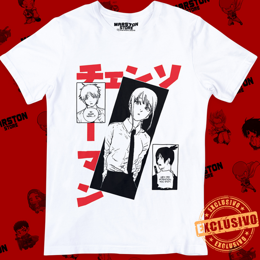 Polera blanca Chainsaw Man con diseño de Makima
