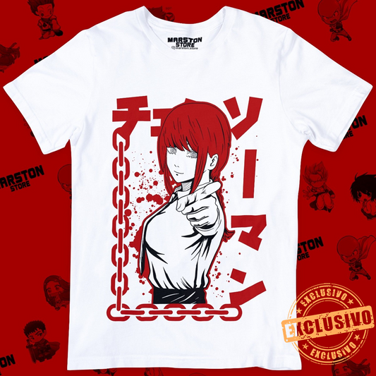 Polera blanca Chainsaw Man con diseño de Makima