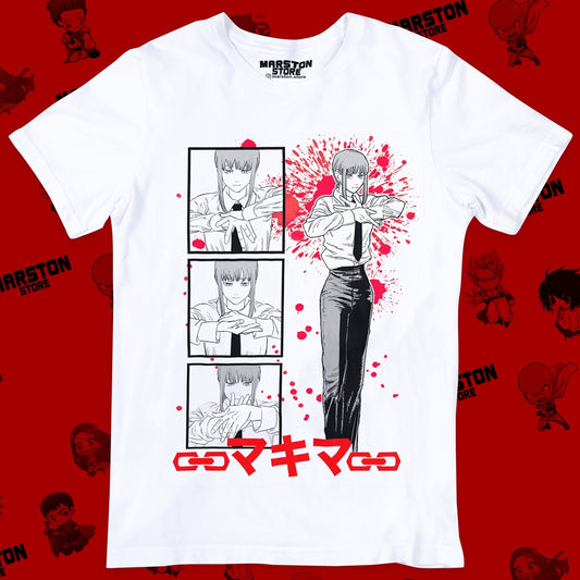 Polera blanca Chainsaw Man con diseño de Makima
