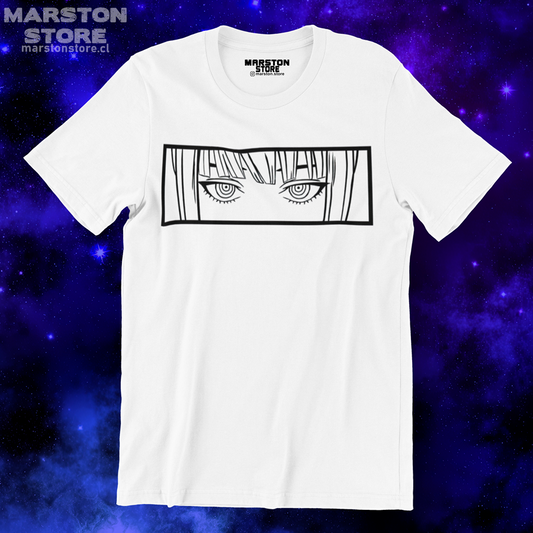 Polera blanca Chainsaw Man con diseño de Makima