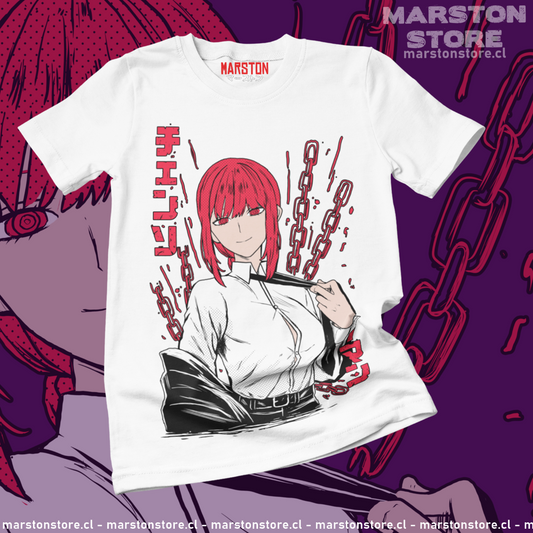 Polera blanca Chainsaw Man con diseño de Makima
