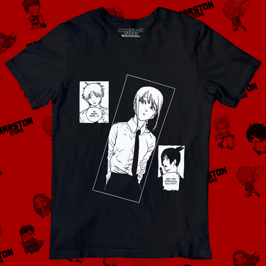 Polera negra Chainsaw Man con Makima, Denji y Aki Hayakawa