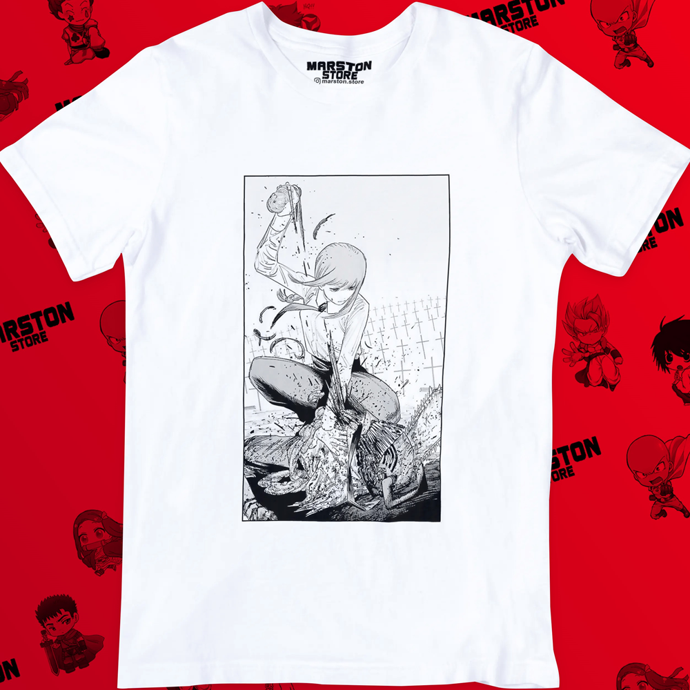 Polera blanca Chainsaw Man con Makima y Denji