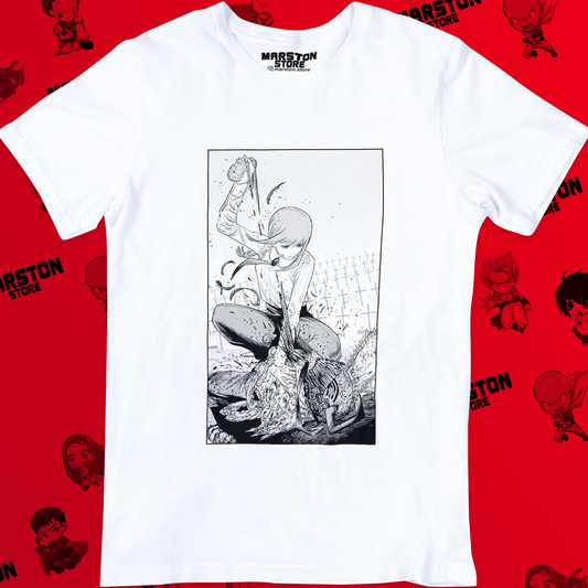 Polera blanca Chainsaw Man con Makima y Denji