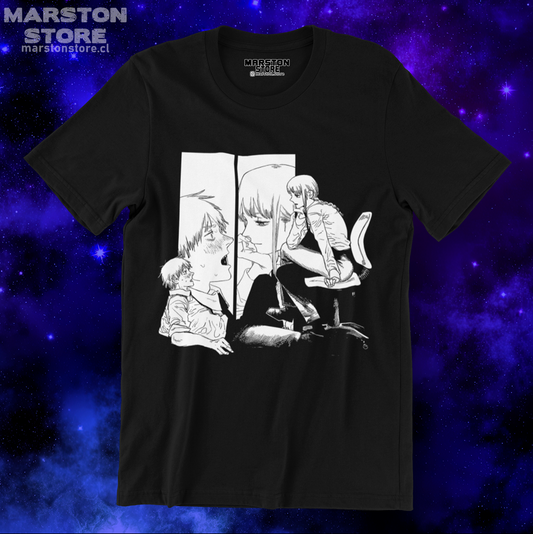 Polera negra Chainsaw Man con Makima y Denji