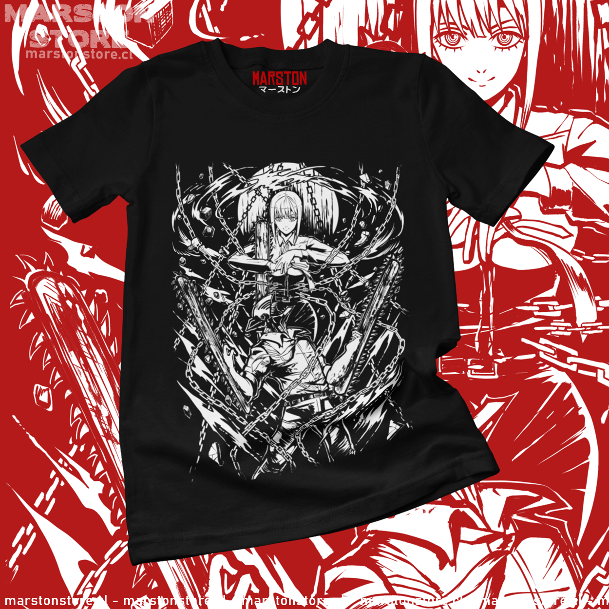 Polera negra Chainsaw Man con Makima y Denji