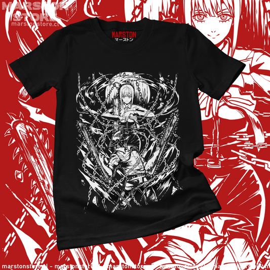 Polera negra Chainsaw Man con Makima y Denji