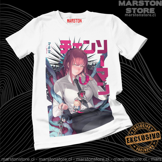 Polera blanca Chainsaw Man con Makima, Denji, Power y Aki Hayakawa
