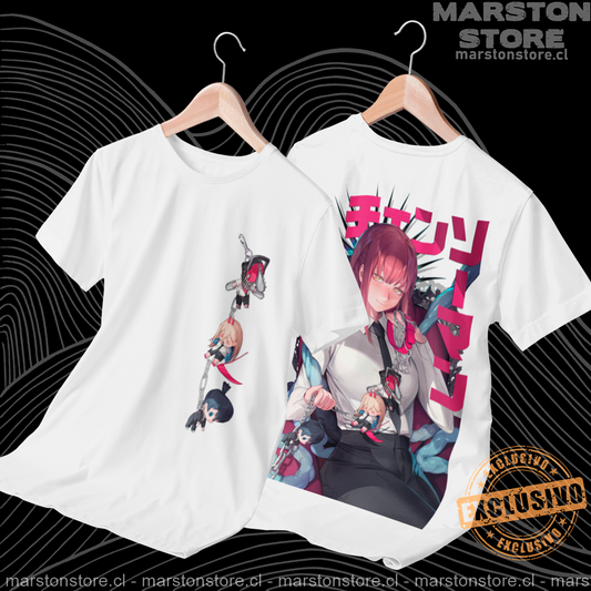 Polera Chainsaw Man con Makima, Denji, Power y Aki Hayakawa, estampado frontal y espalda