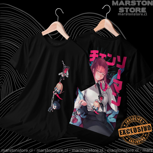 Polera negra Chainsaw Man con Makima, Denji, Power y Aki Hayakawa, estampado frontal y espalda