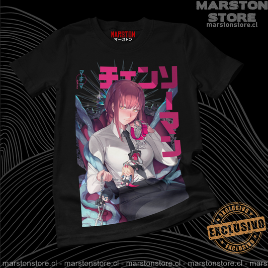Polera negra Chainsaw Man con Makima, Denji, Power y Aki Hayakawa