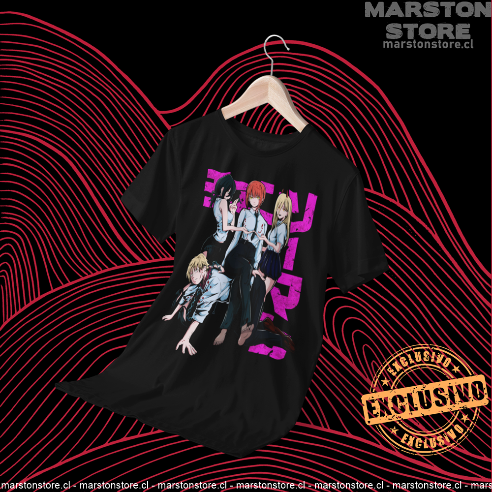 Polera negra Chainsaw Man con Makima, Denji, Reze y Power
