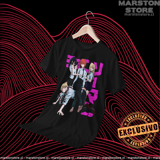 Polera negra Chainsaw Man con Makima, Denji, Reze y Power