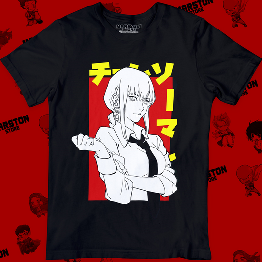 Polera negra Chainsaw Man con diseño de Makima