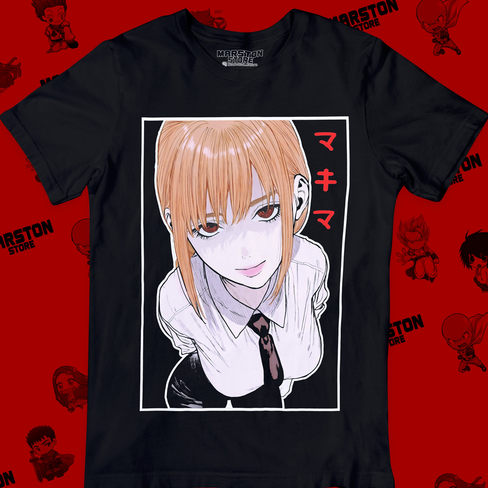 Polera negra Chainsaw Man con diseño de Makima