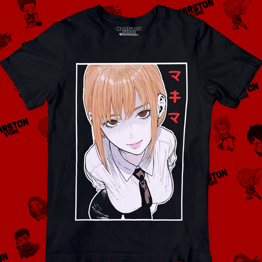 Polera negra Chainsaw Man con diseño de Makima