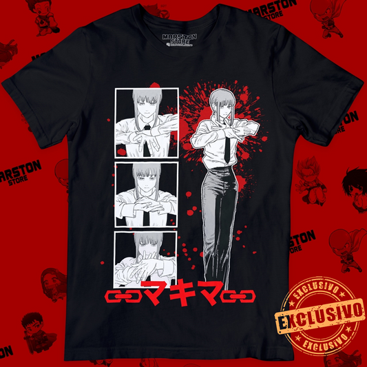 Polera negra Chainsaw Man con diseño de Makima