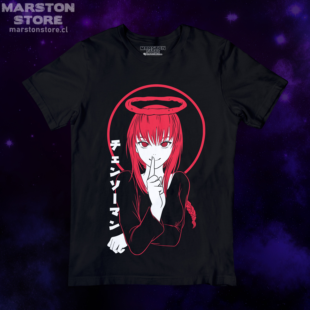 Polera negra Chainsaw Man con diseño de Makima