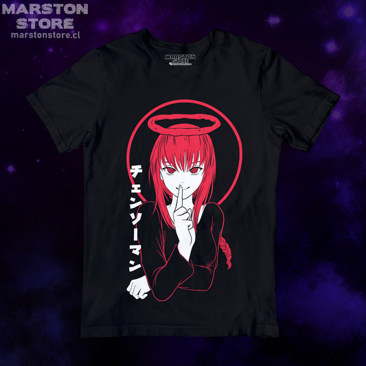 Polera negra Chainsaw Man con diseño de Makima
