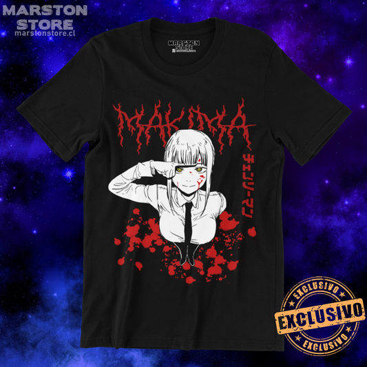 Polera negra Chainsaw Man con diseño de Makima
