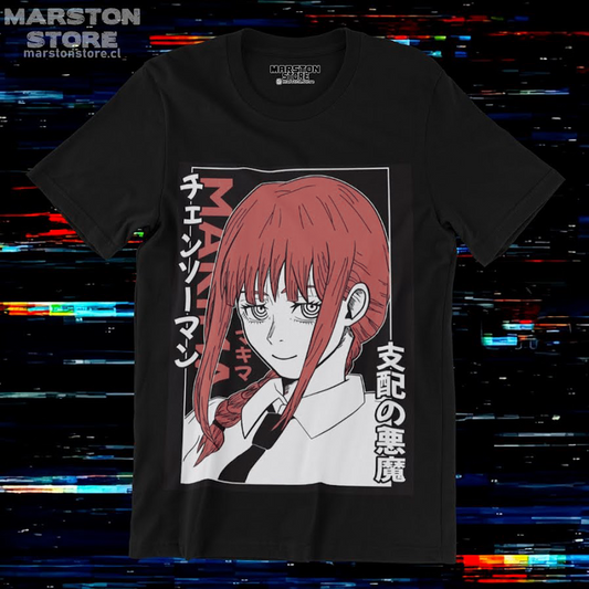 Polera negra Chainsaw Man con diseño de Makima