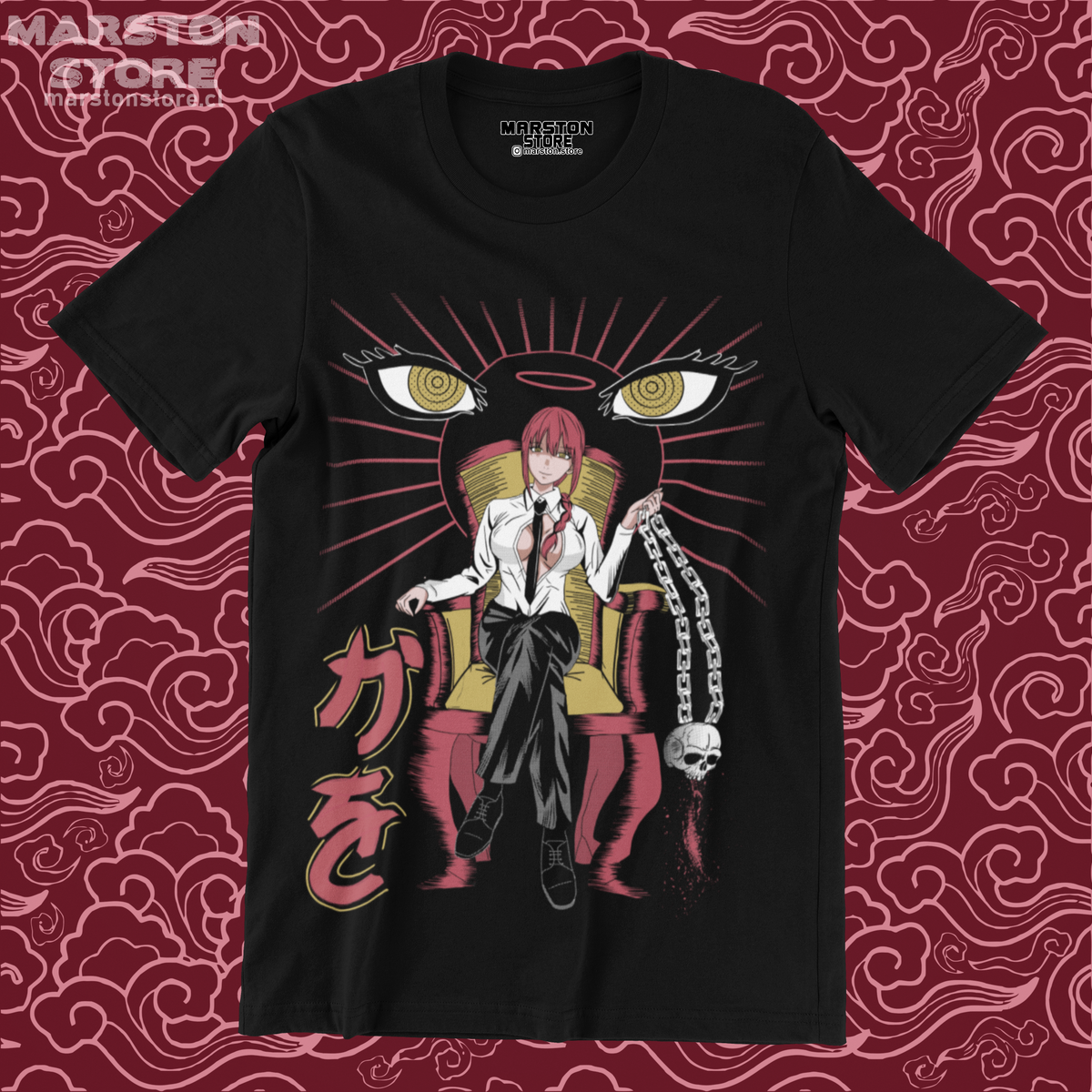 Polera negra Chainsaw Man con diseño de Makima