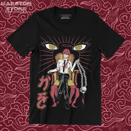 Polera negra Chainsaw Man con diseño de Makima