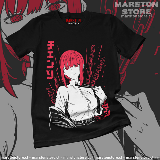 Polera negra Chainsaw Man con diseño de Makima