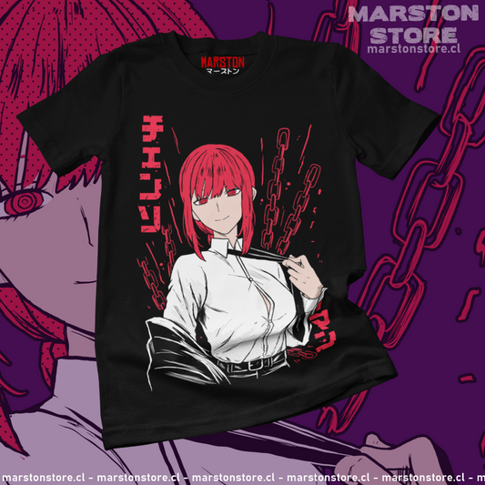 Polera negra Chainsaw Man con diseño de Makima