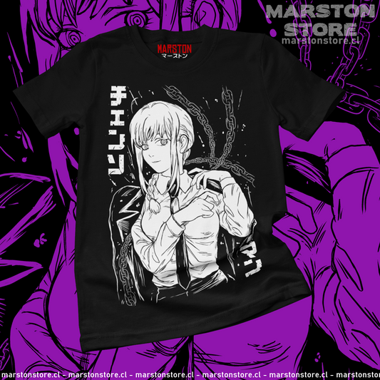 Polera negra Chainsaw Man con diseño de Makima