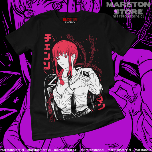 Polera negra Chainsaw Man con diseño de Makima