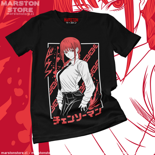 Polera negra Chainsaw Man con diseño de Makima