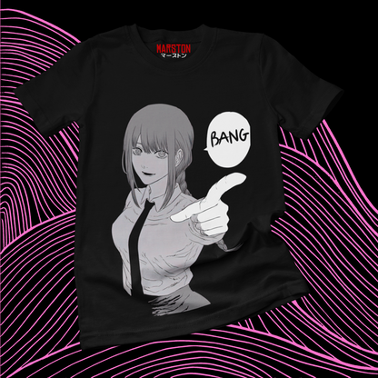 Polera negra Chainsaw Man con diseño de Makima