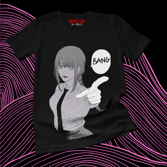 Polera negra Chainsaw Man con diseño de Makima