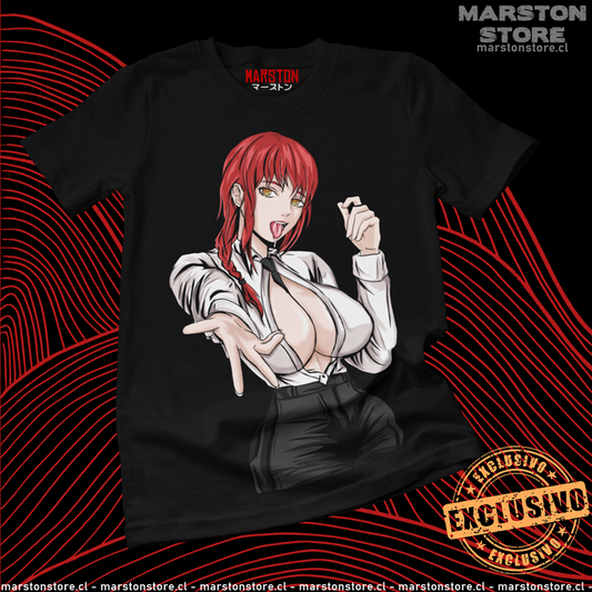 Polera negra Chainsaw Man con diseño de Makima