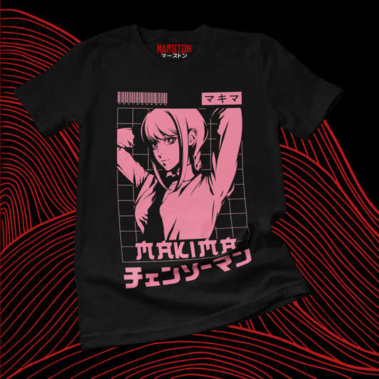 Polera negra Chainsaw Man con diseño de Makima