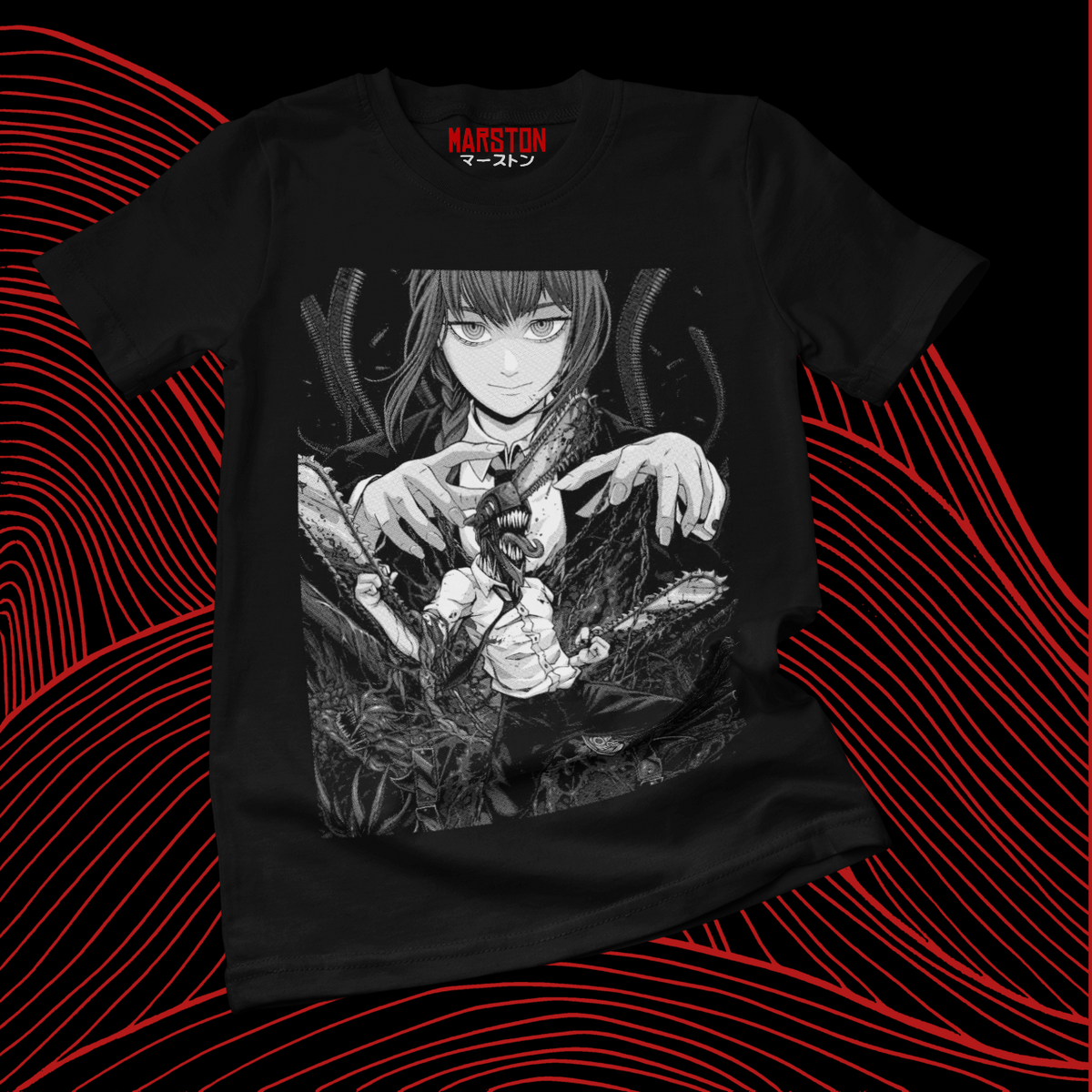 Polera negra Chainsaw Man con diseño de Makima