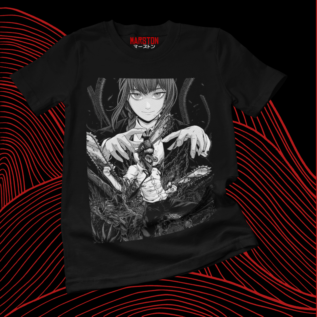 Polera negra Chainsaw Man con diseño de Makima