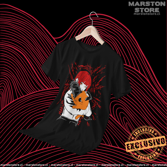 Polera negra Chainsaw Man con Makima y Pochita
