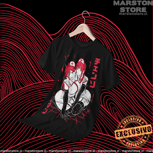 Polera negra Chainsaw Man con Makima y Power