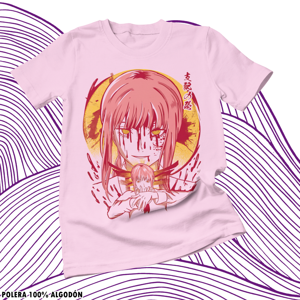 Polera rosada Chainsaw Man con diseño de Makima