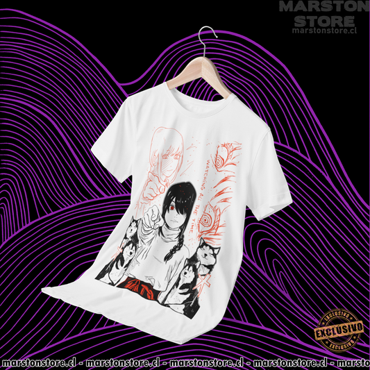 Polera blanca Chainsaw Man con diseño de Nayuta
