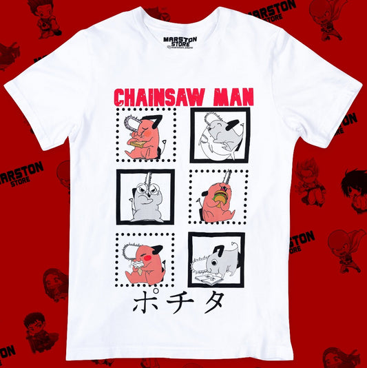 Polera blanca Chainsaw Man con diseño de Pochita
