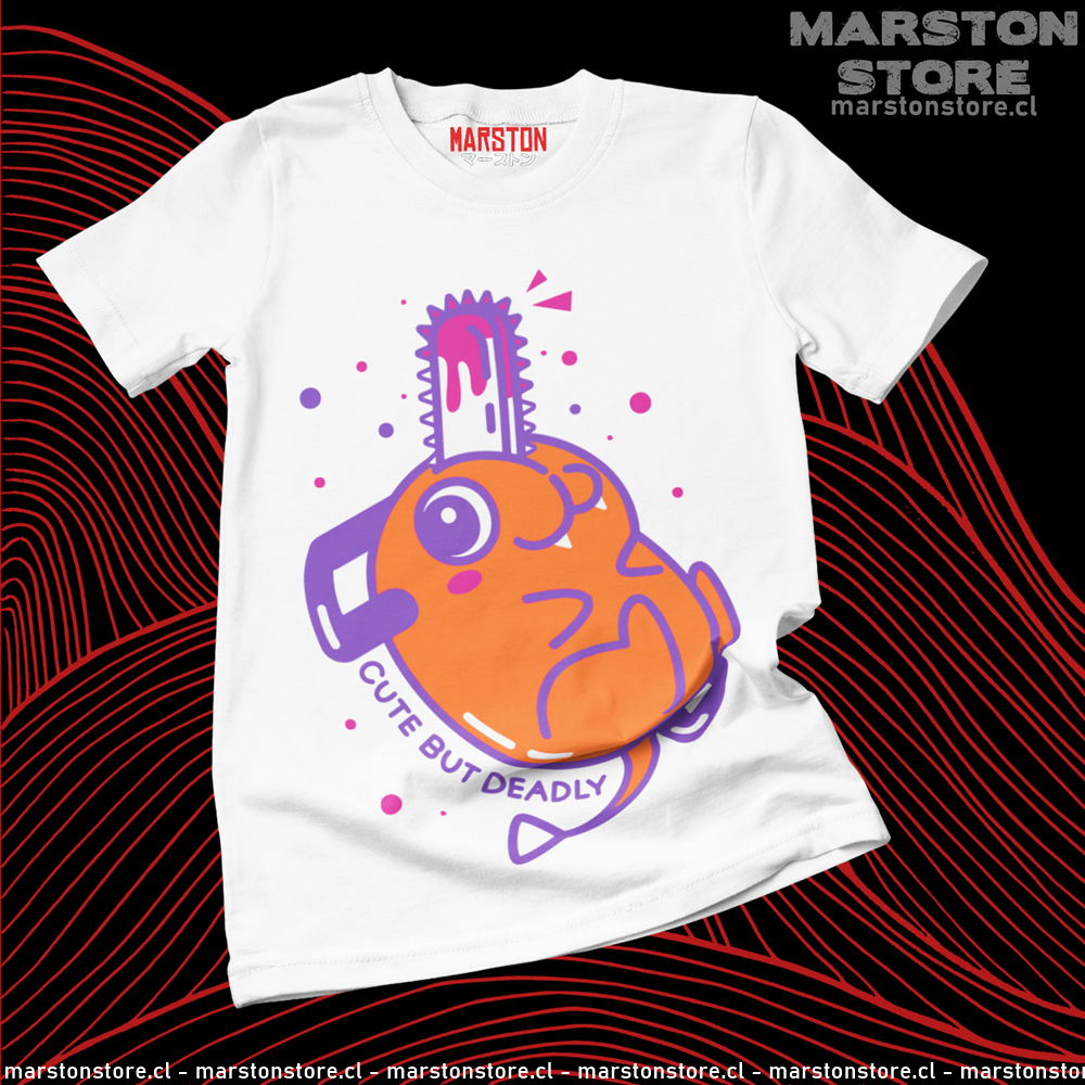 Polera blanca Chainsaw Man con diseño de Pochita