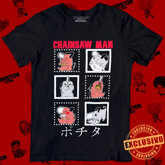 Polera negra Chainsaw Man con diseño de Pochita