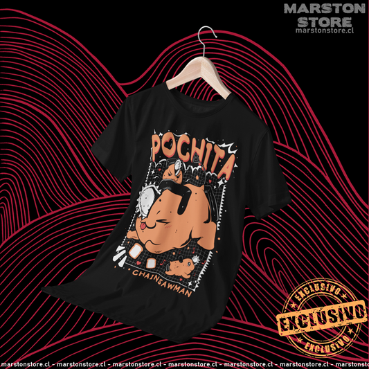 Polera negra Chainsaw Man con diseño de Pochita