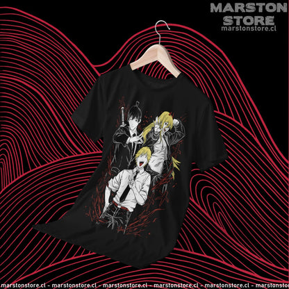 Polera negra Chainsaw Man con Power, Aki Hayakawa y Denji